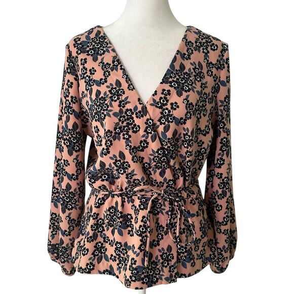 J. Crew pink & blue floral long-sleeve v-neck top size 8 - Picture 1 of 10